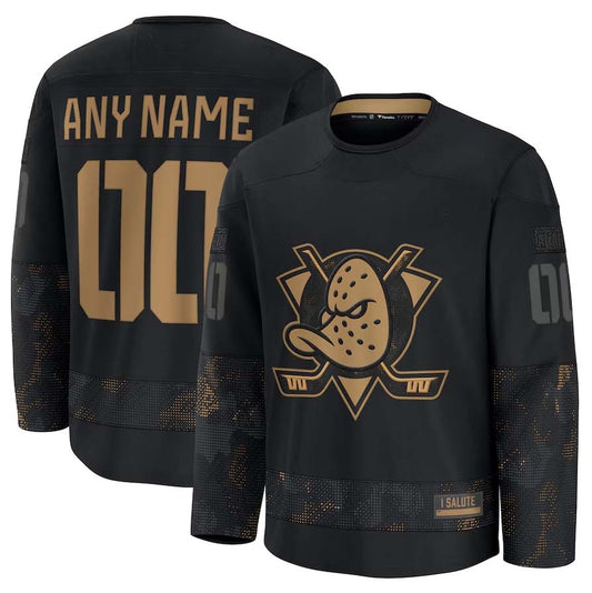 Custom A.Ducks Fanatics 2024 Military Appreciation Personalized Long Sleeve Practice Jersey - Black Stitched American Hockey Jerseys