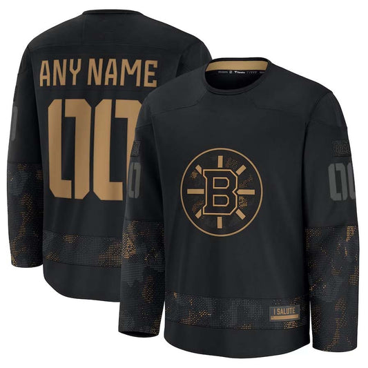 Custom B.Bruins Fanatics 2024 Military Appreciation Personalized Long Sleeve Practice Jersey - Black Stitched American Hockey Jerseys