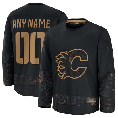 Custom C.Flames Fanatics 2024 Military Appreciation Personalized Long Sleeve Practice Jersey - Black Stitched American Hockey Jerseys