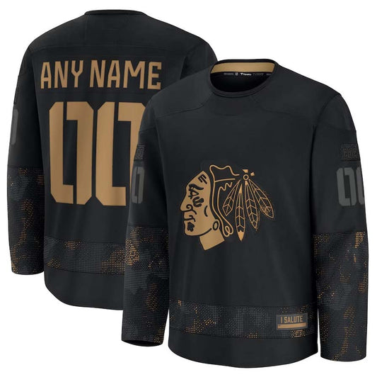 Custom C.Blackhawks Fanatics 2024 Military Appreciation Personalized Long Sleeve Practice Jersey - Black Stitched American Hockey Jerseys