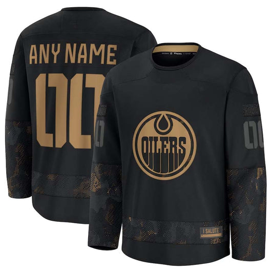 Custom E.Oilers Fanatics 2024 Military Appreciation Personalized Long Sleeve Practice Jersey - Black Stitched American Hockey Jerseys