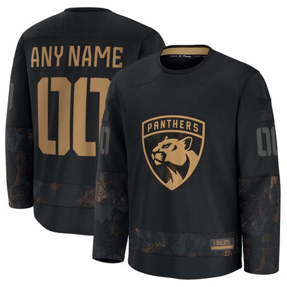 Custom F.Panthers Fanatics 2024 Military Appreciation Personalized Long Sleeve Practice Jersey - Black Stitched American Hockey Jerseys