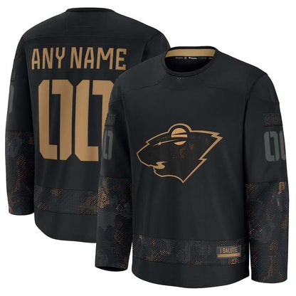 Custom M.Wild Fanatics 2024 Military Appreciation Personalized Long Sleeve Practice Jersey - Black Stitched American Hockey Jerseys