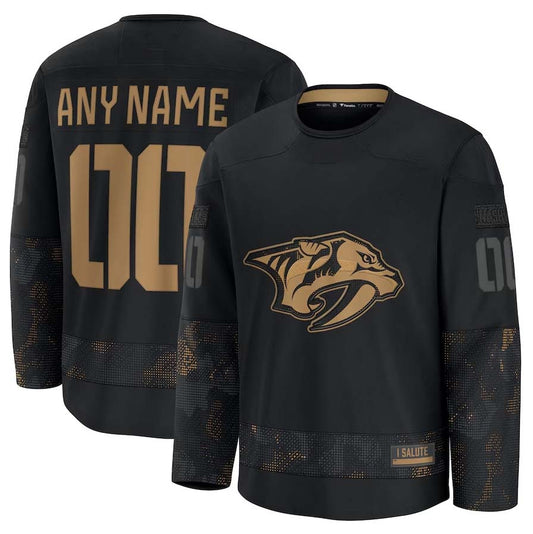 Custom N.Predators  Fanatics 2024 Military Appreciation Personalized Long Sleeve Practice Jersey - Black Stitched American Hockey Jerseys