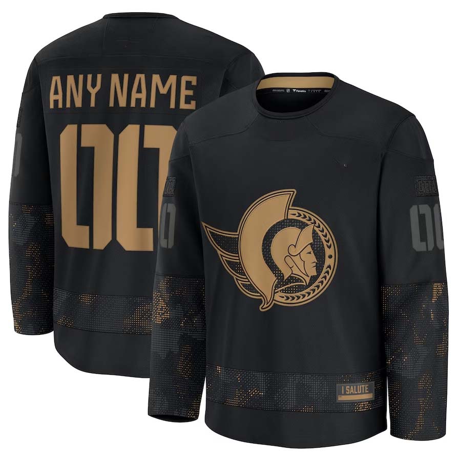 Custom O.Senators Fanatics 2024 Military Appreciation Personalized Long Sleeve Practice Jersey - Black Stitched American Hockey Jerseys