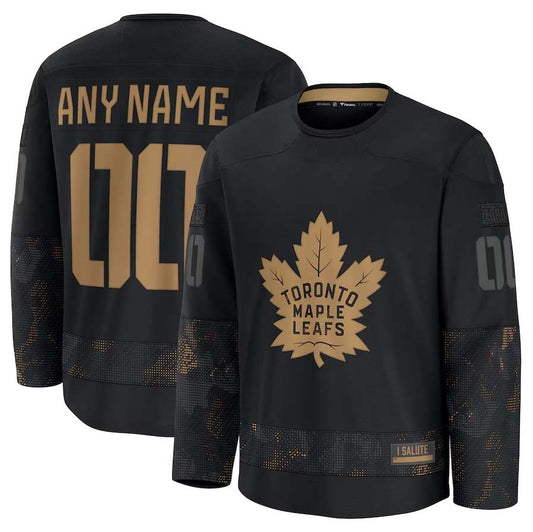 Custom T.Maple Leafs Fanatics 2024 Military Appreciation Personalized Long Sleeve Practice Jersey - Black Stitched American Hockey Jerseys