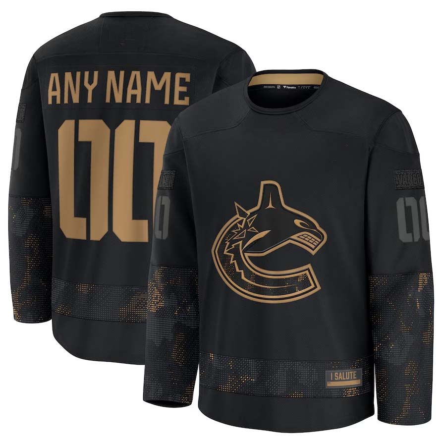 Custom V.Canucks Fanatics 2024 Military Appreciation Personalized Long Sleeve Practice Jersey - Black Stitched American Hockey Jerseys