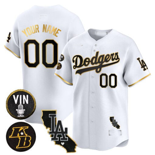 Custom Los Angeles Dodgers Vin Patch & Kobe Bryant Gold Trim Vapor Premier Limited V2 – All Stitched Baseball Jersey