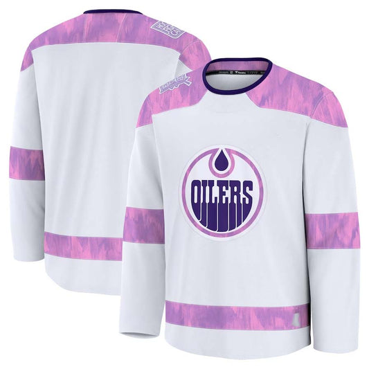 E.Oilers Fanatics 2024 Hockey Fights Cancer Practice Jersey - White Stitched American Hockey Jerseys