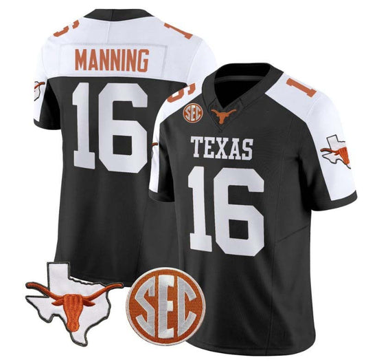 T.Longhorns #16 Arch Manning State Map and Sec Patch Vapor Football Black Alternate Stitched American College Jerseys